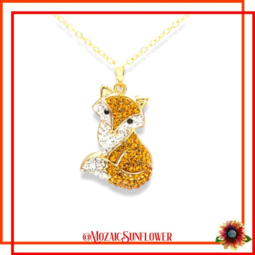 NEW Gold O Chain Sparkling Amber and White Crystal Fox Pendant